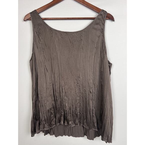 Eileen Fisher Womens Taupe Crinkled Silk Tank Top L Sleeveless Blouse Scoop Neck - Picture 2 of 9